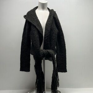 Max Mara Cardigan Sweater Hooded Open Knit Attached Scarf Wool Mohair Gray Small
